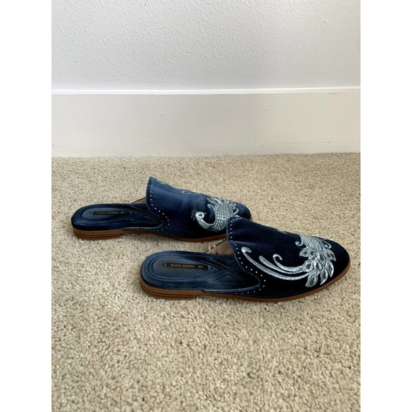 Zara Embroidered Peacock Blue Velvet Mule - Picture 4 of 6